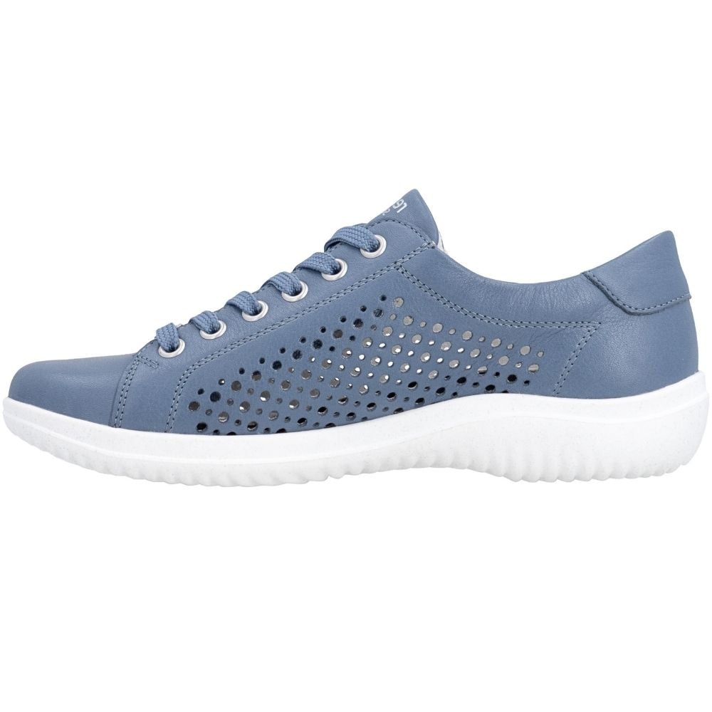 A light blue leather low-top sneaker with perforated side panels, matching blue laces, and a thick white sole, shown in profile against a white background.