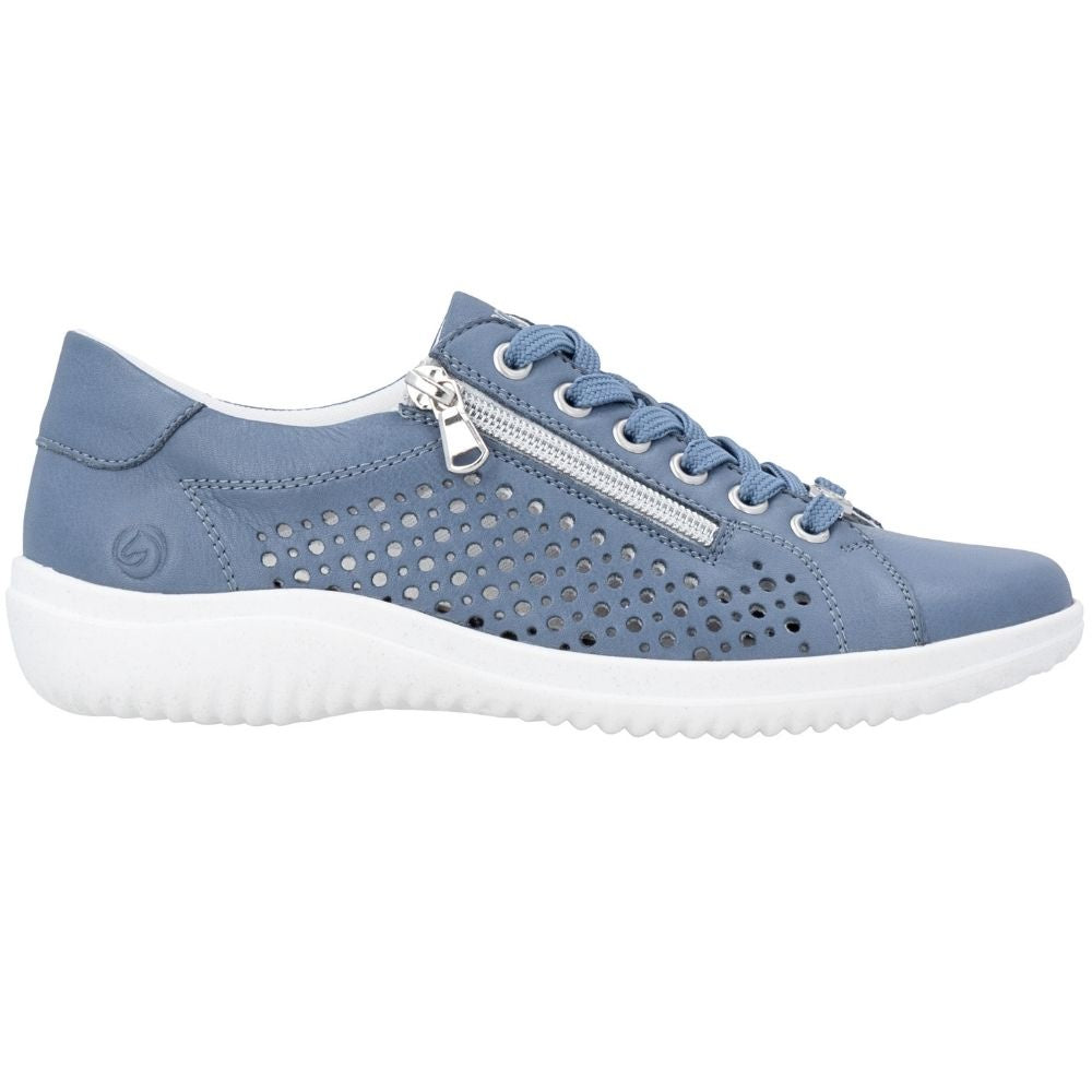 A light blue low-top leather sneaker with a white sole, featuring a side zipper, silver metal eyelets, and perforated detailing on the side panel.