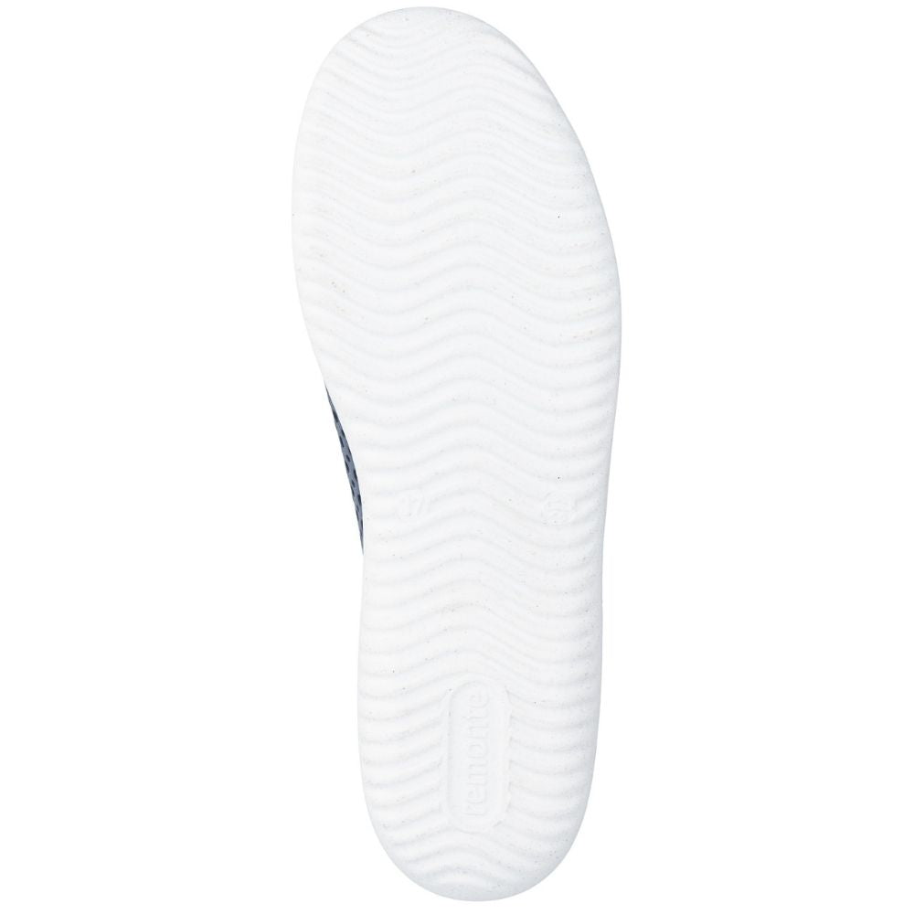 The white textured outsole of a shoe, showing a wavy tread pattern and an embossed 'Remonte' logo on the heel, isolated on a white background.