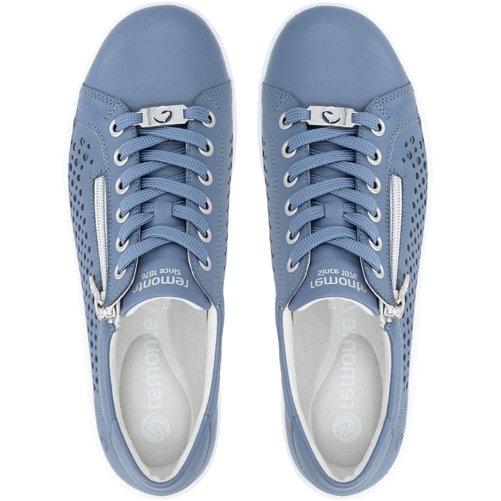 A pair of light blue leather sneakers with perforated side panels, matching blue laces, silver metal zipper pulls, and white soles, shown from a top-down view on a white background.