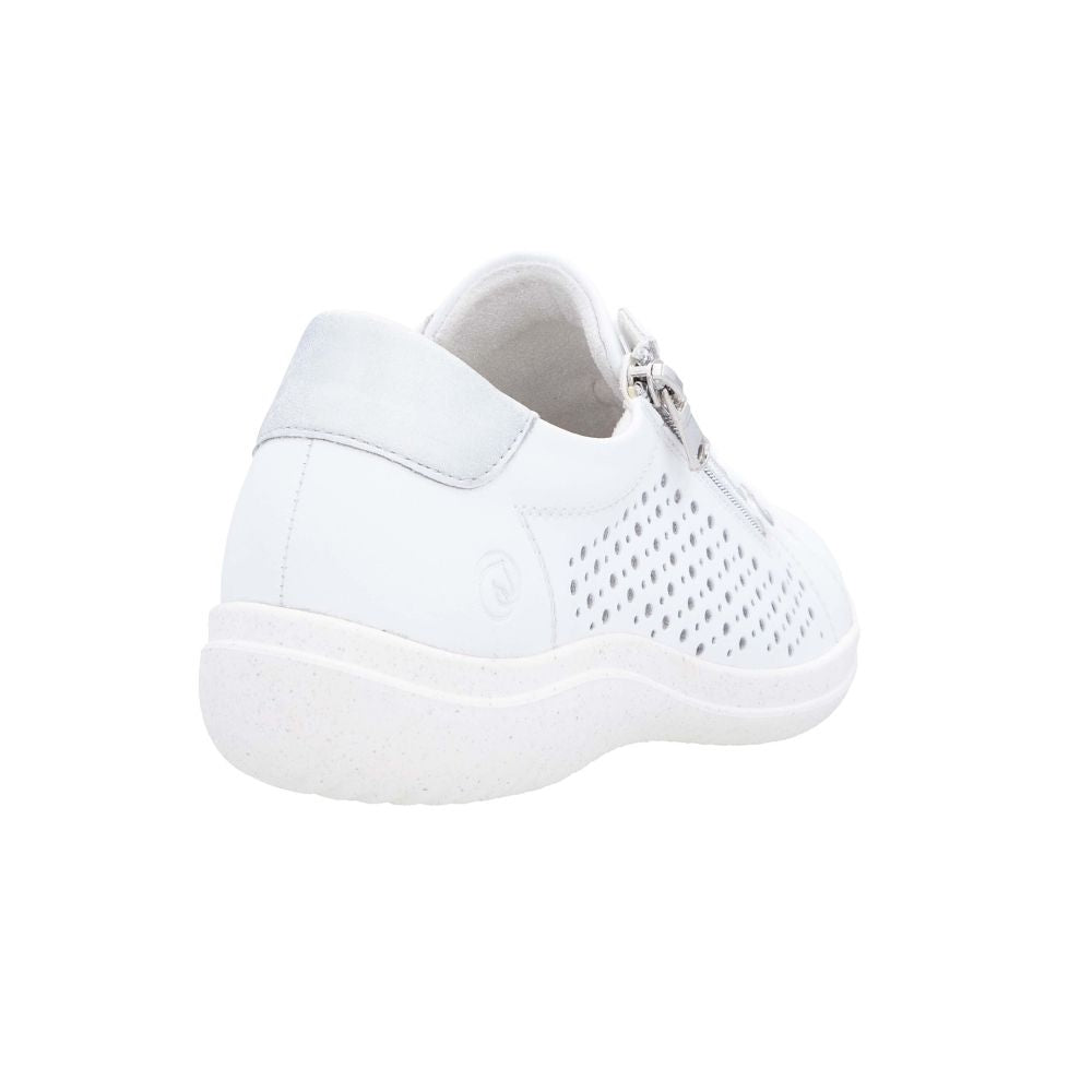 A white sneaker with perforated side panels and a silver zipper, shown from a rear three-quarter angle on a white background.