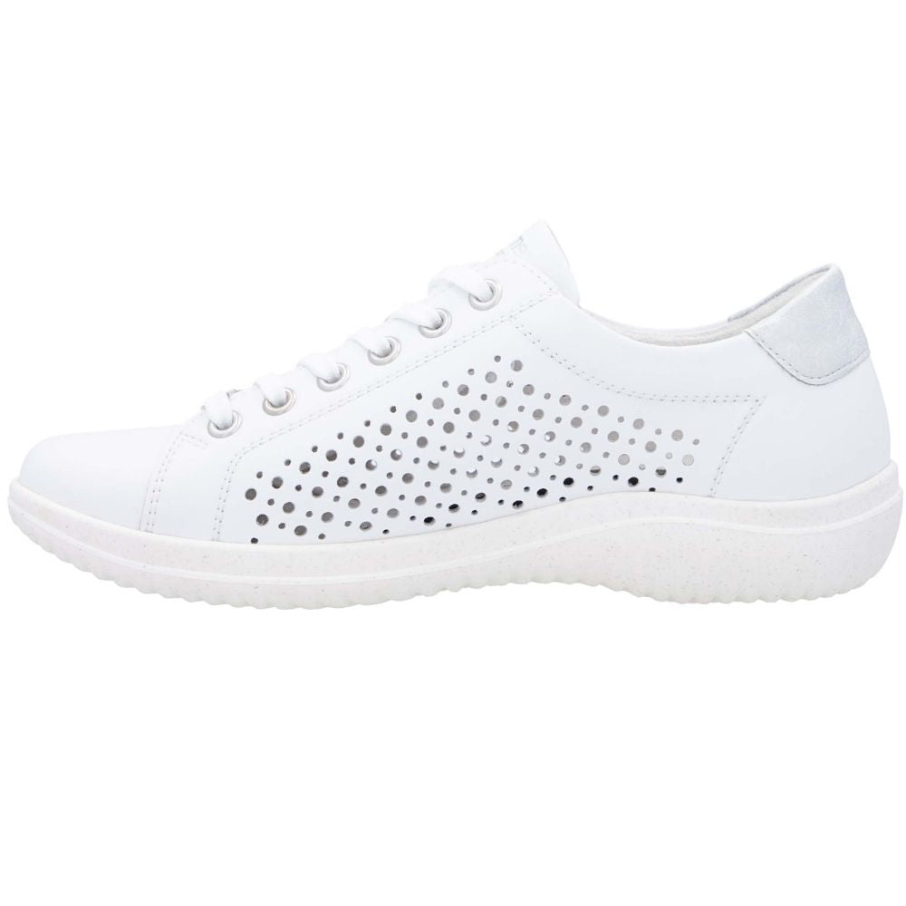 A white low-top sneaker with a perforated pattern on the side panel, white laces, and a thick white sole, shown in profile against a plain white background.