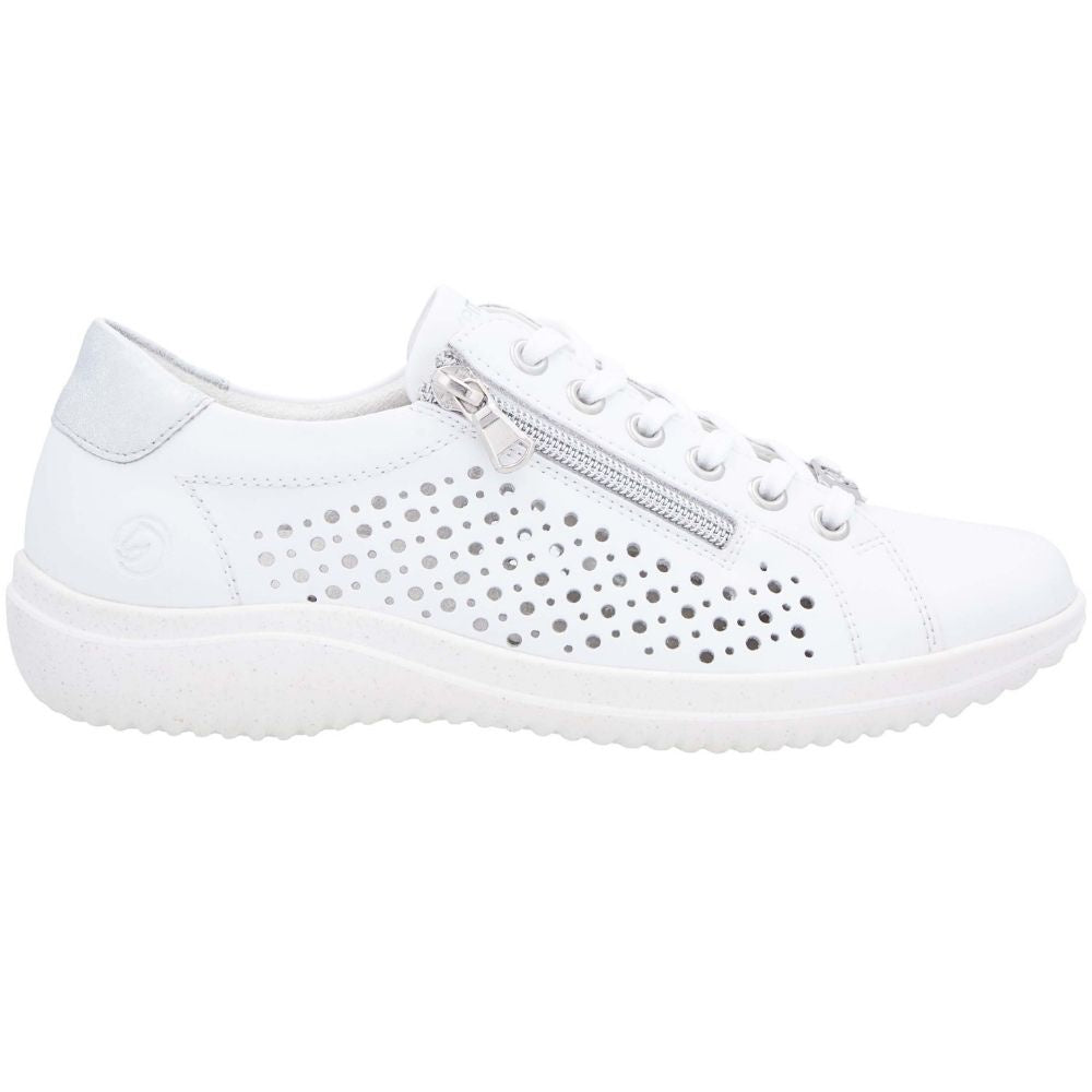 A white low-top sneaker with a side zipper, white laces, and perforated detailing on the side panel, shown against a plain white background.