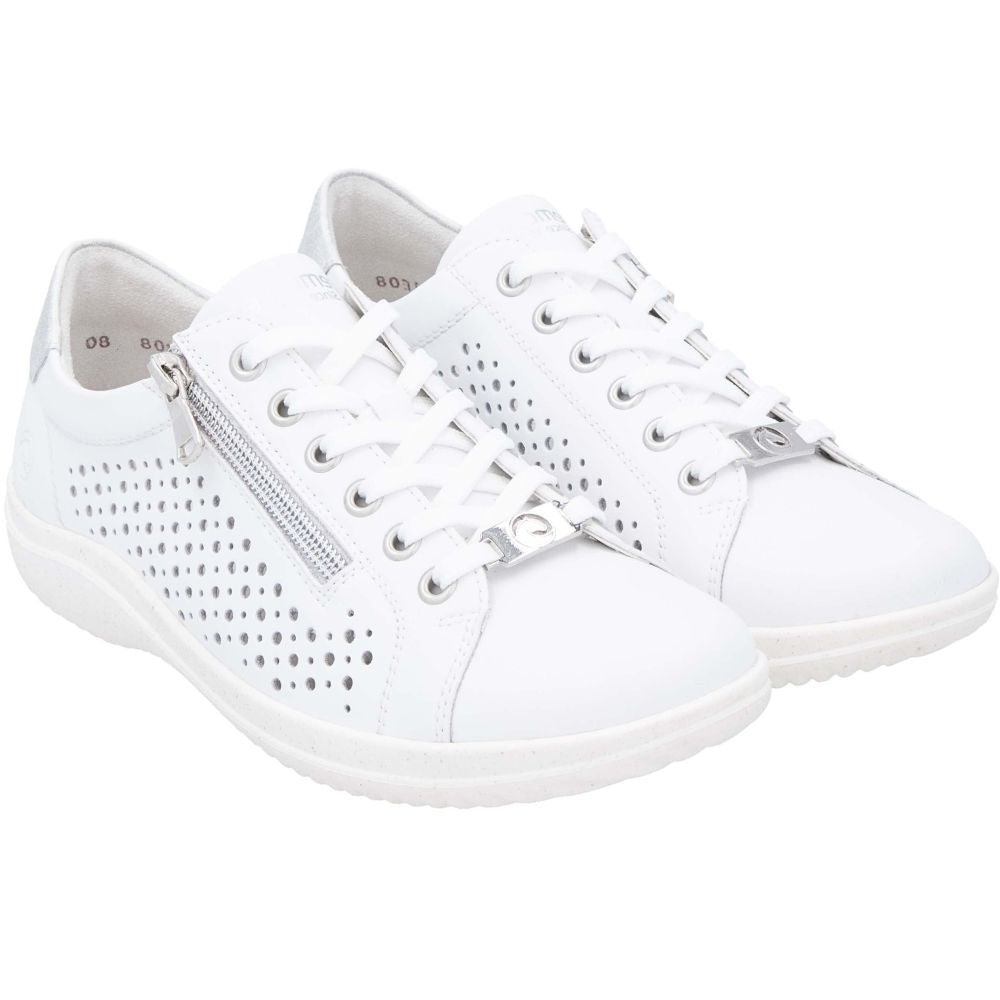 A pair of white low-top leather sneakers with perforated side panels, white laces, a silver zipper on the side, and silver metal eyelets, shown against a plain white background.