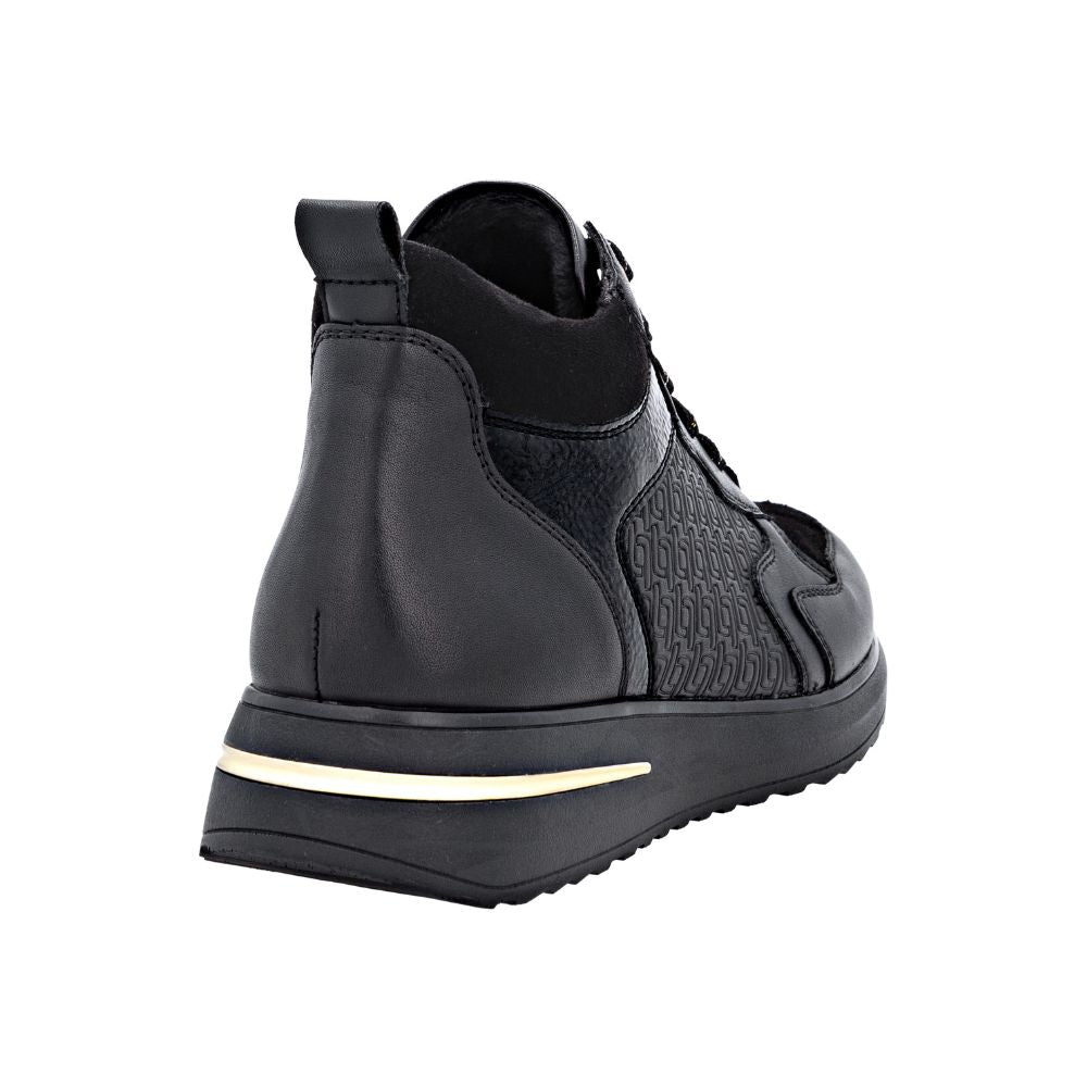 Black high-top sneaker with a platform sole on a white background