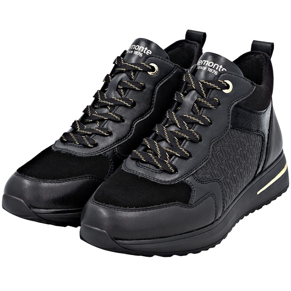 Pair of black high-top sneakers with brand name on a white background