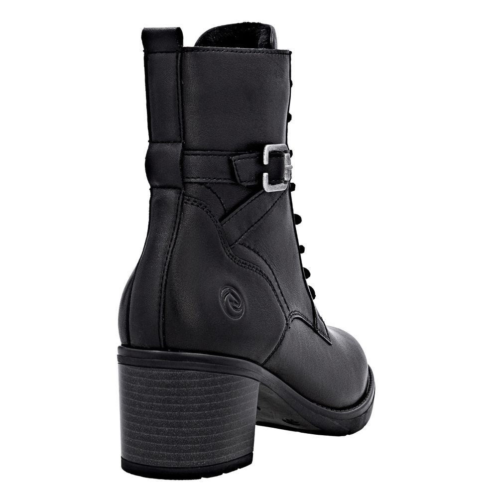 Black leather boot with a buckle on a white background