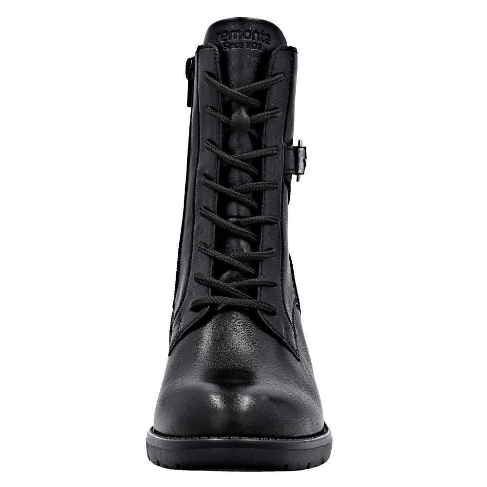Black leather boot with laces on a white background