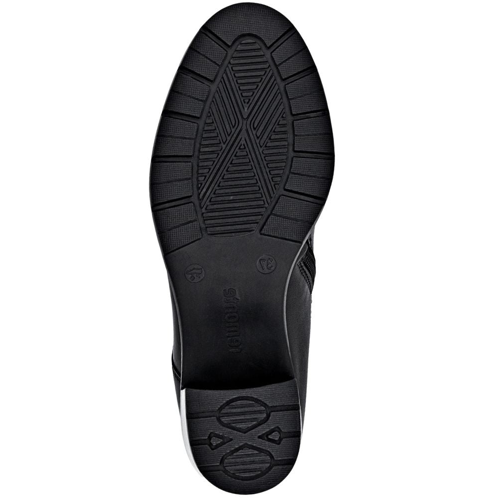 Black shoe sole with tread pattern on a white background