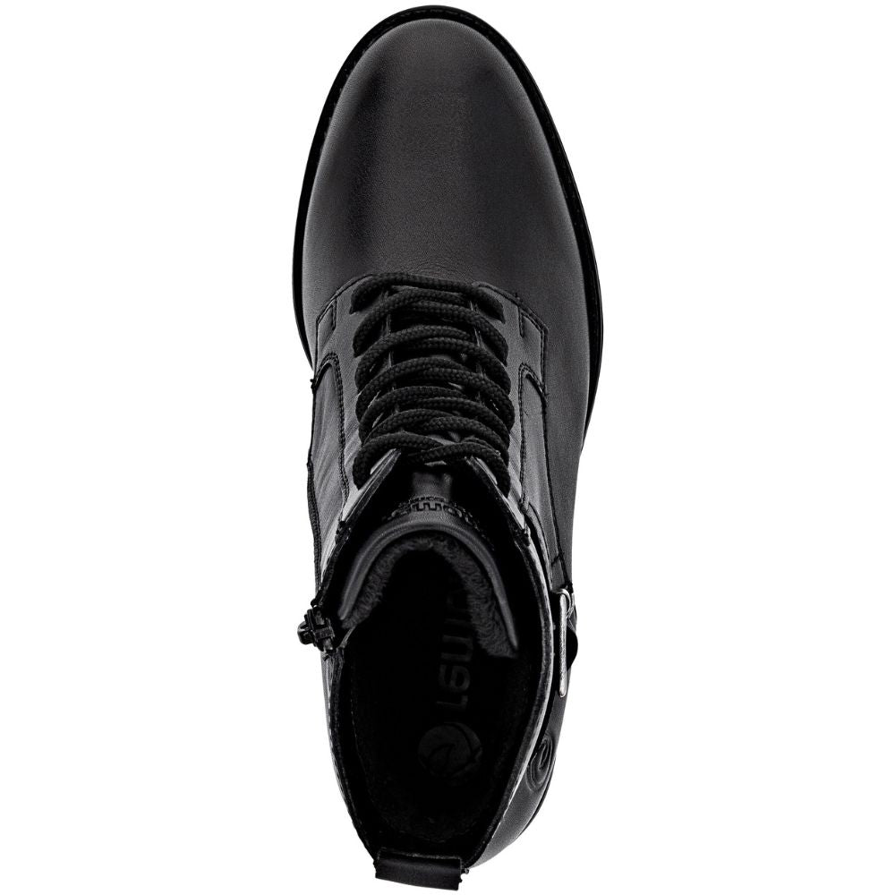 Black leather boot with laces on a white background