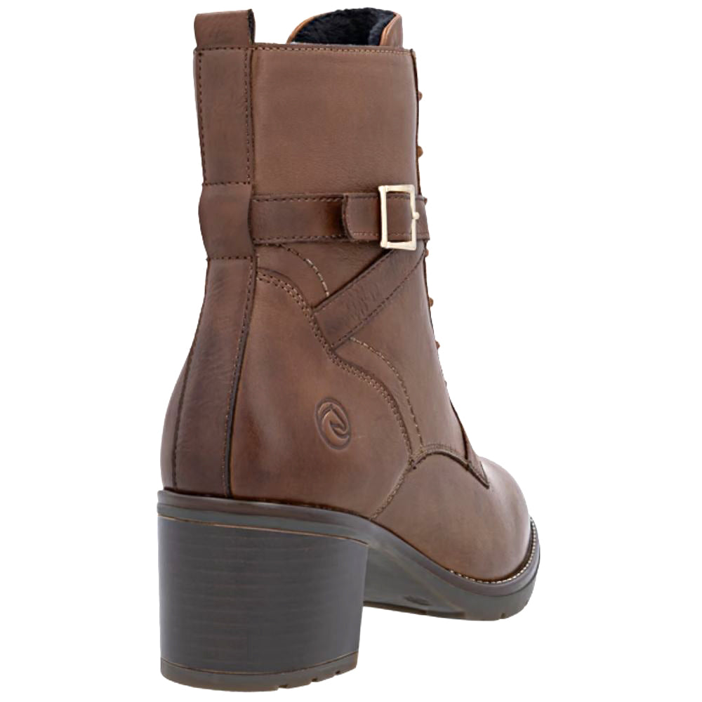 Brown leather boot with a buckle on a white background