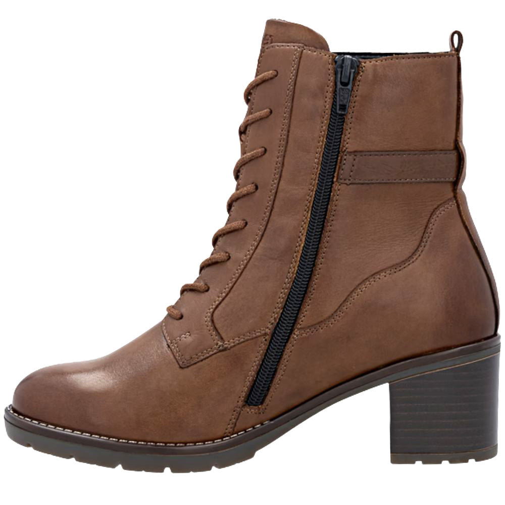 Brown leather boot with a zipper on a white background