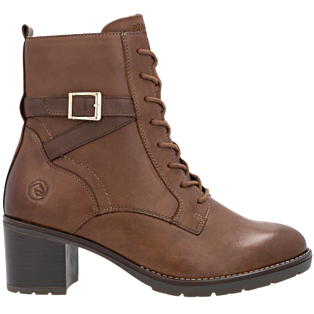Brown leather boot with a gold buckle on a white background