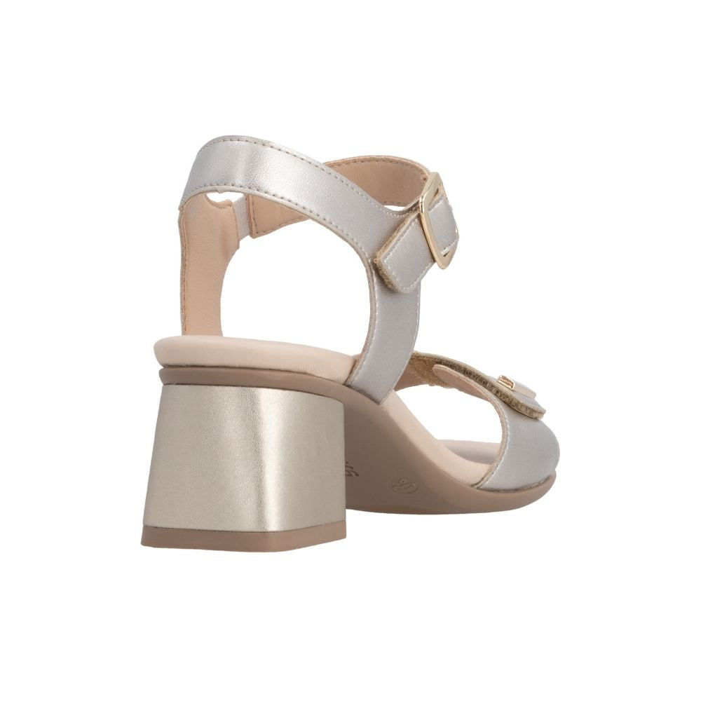 A single women's block-heel sandal shown from a rear three-quarter angle on a plain white background. The sandal features a metallic champagne-gold block heel and toe strap, a light beige insole, and a matching beige outsole with a small gold buckle detail.