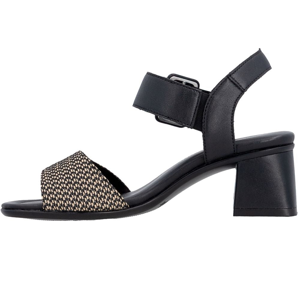 A black leather block-heel sandal with a wide ankle strap and a textured woven toe strap, shown in a side profile on a white background.