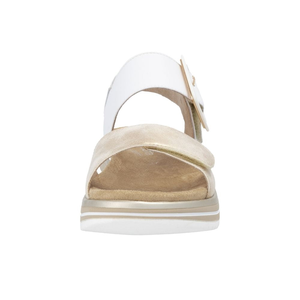 A single women's platform sandal shown from the front, featuring white and pale gold leather straps with a decorative gold-tone buckle and a white and beige platform sole.