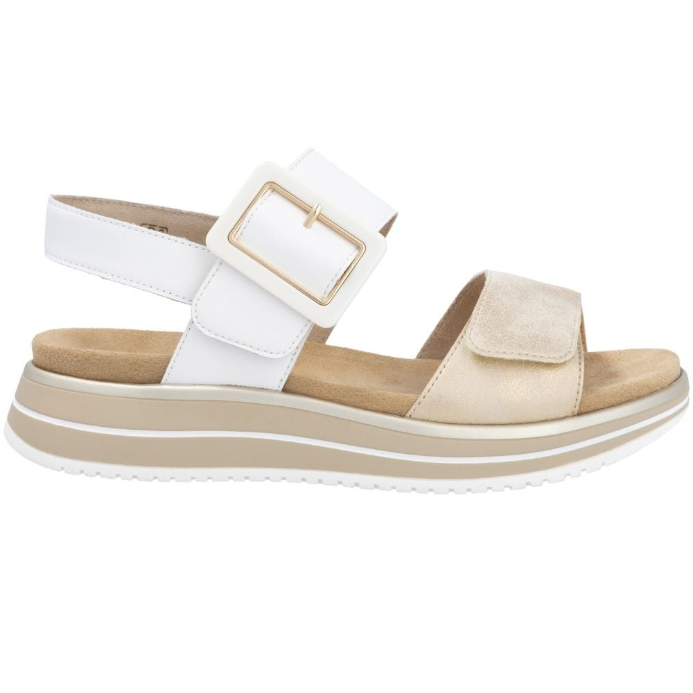 A women's platform sandal featuring a white leather ankle strap with a gold-tone buckle, a pale gold leather toe strap, and a beige and white platform sole.