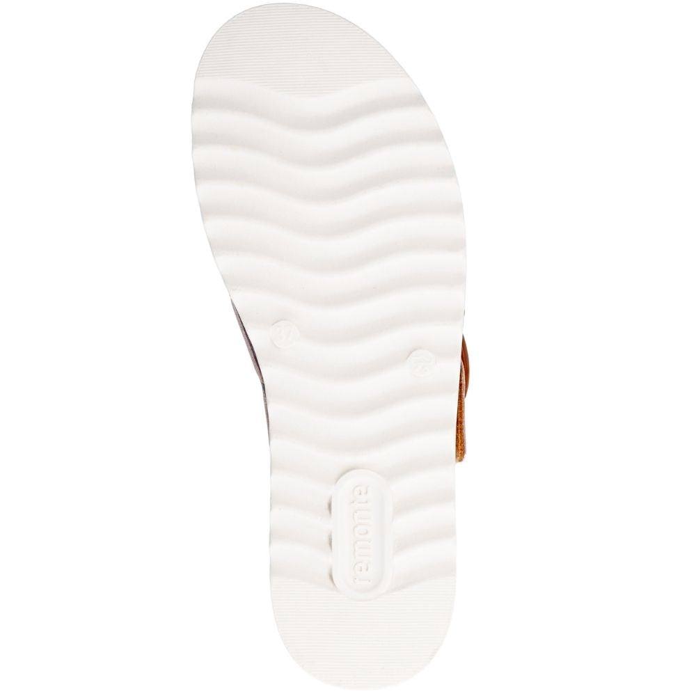 A top-down view of a white Remonte sandal sole, showing the textured wavy tread pattern and the brand name embossed near the heel.