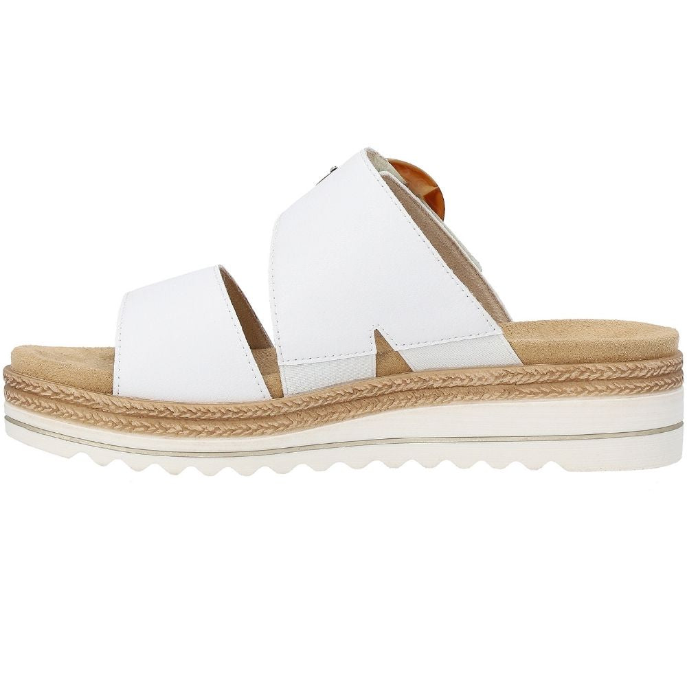 An inside view of a single women's platform slide sandal in a white leather, with internal elastic gussets and a white platform sole with jute-look detailing.
