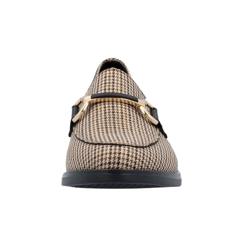 Houndstooth patterned shoe with a buckle on a white background