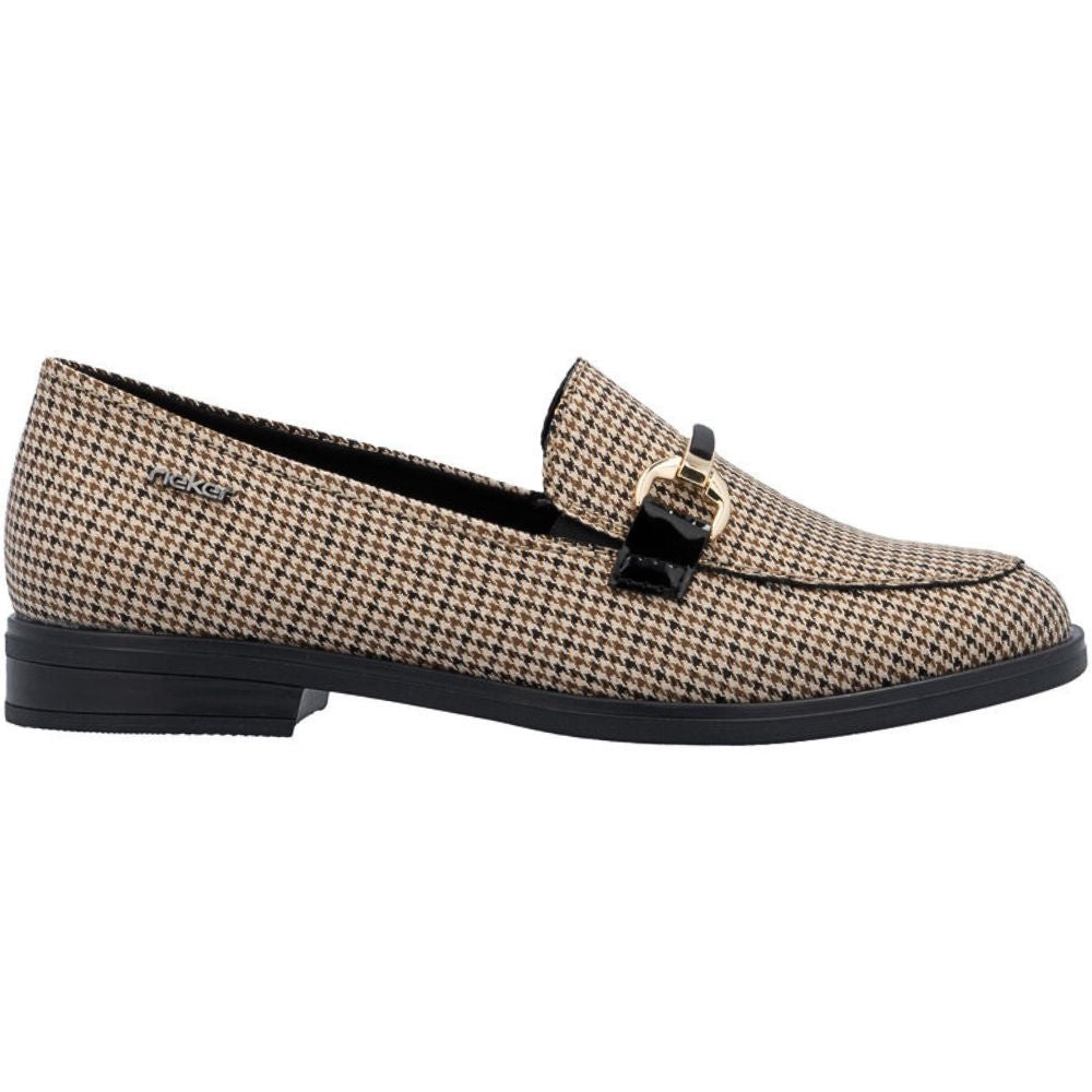 Houndstooth patterned loafer with a buckle on a white background