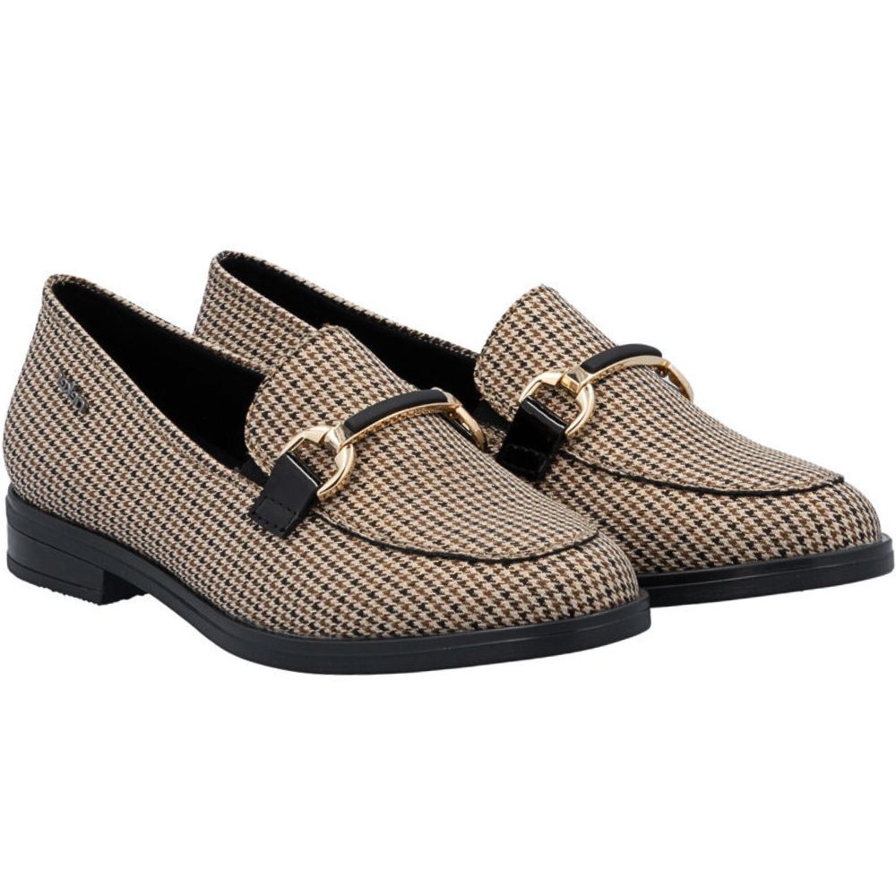 Pair of houndstooth pattern loafers with gold buckles on a white background