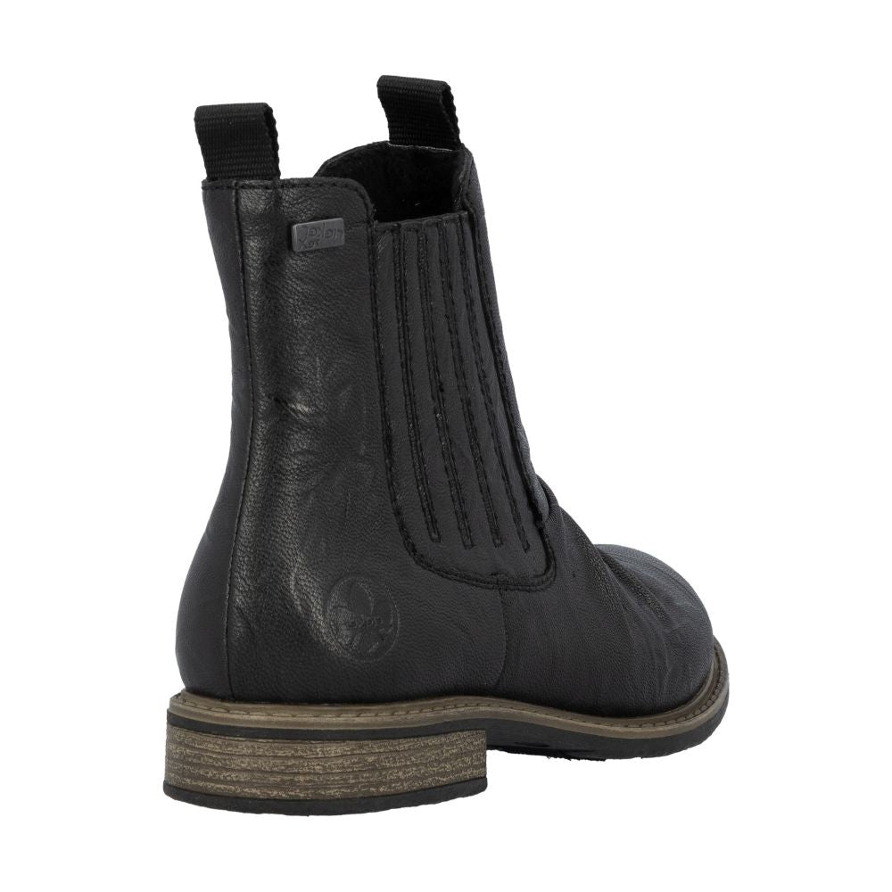 Black leather boot with a visible brand logo on a white background