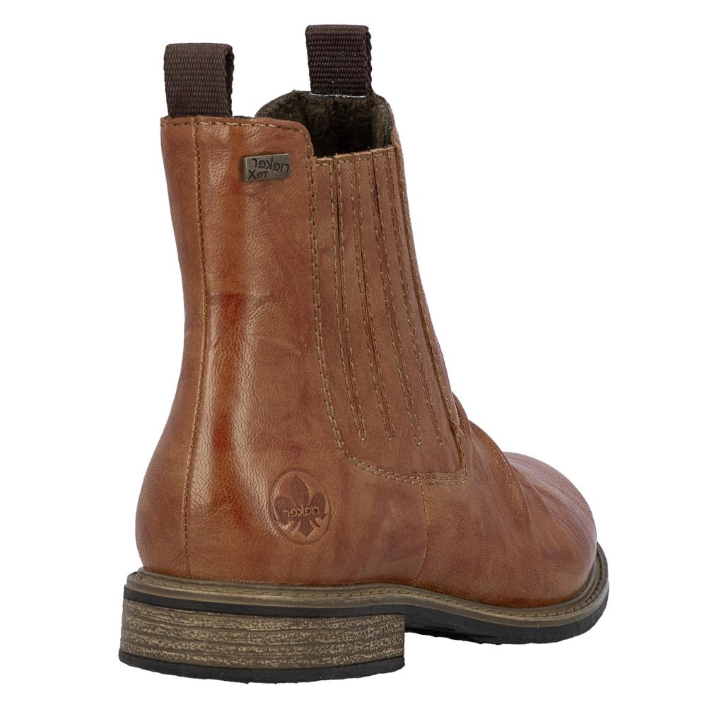 Brown leather boot with a visible brand logo on a white background