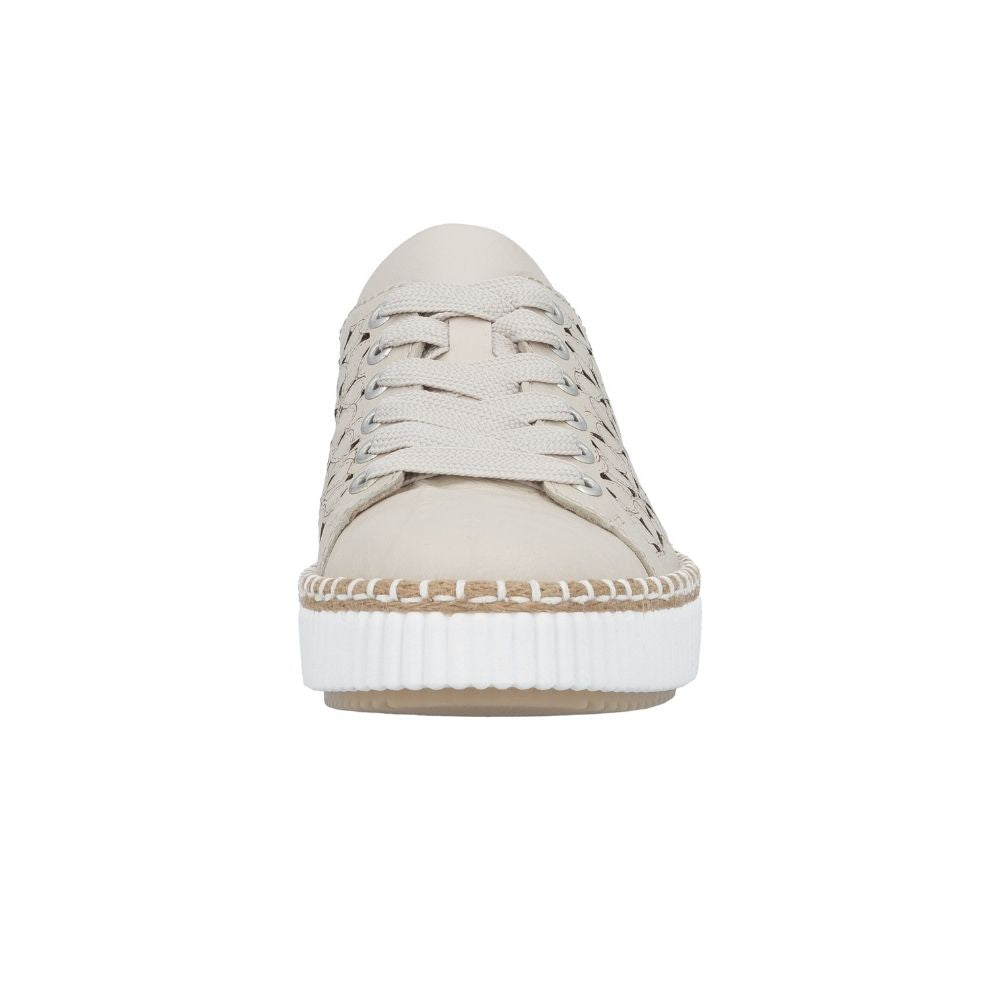 A single cream leather lace-up sneaker shown from the front, featuring a laser-cut perforated upper and a white ribbed sole with jute trim, against a white background.