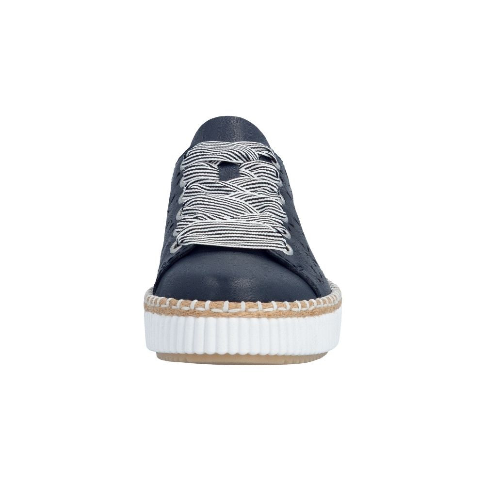 A single low-top platform sneaker shown from the front on a plain white background. The shoe features a dark navy blue leather upper, thick white platform soles with a beige jute-wrapped edge, and distinctive navy and white striped laces.