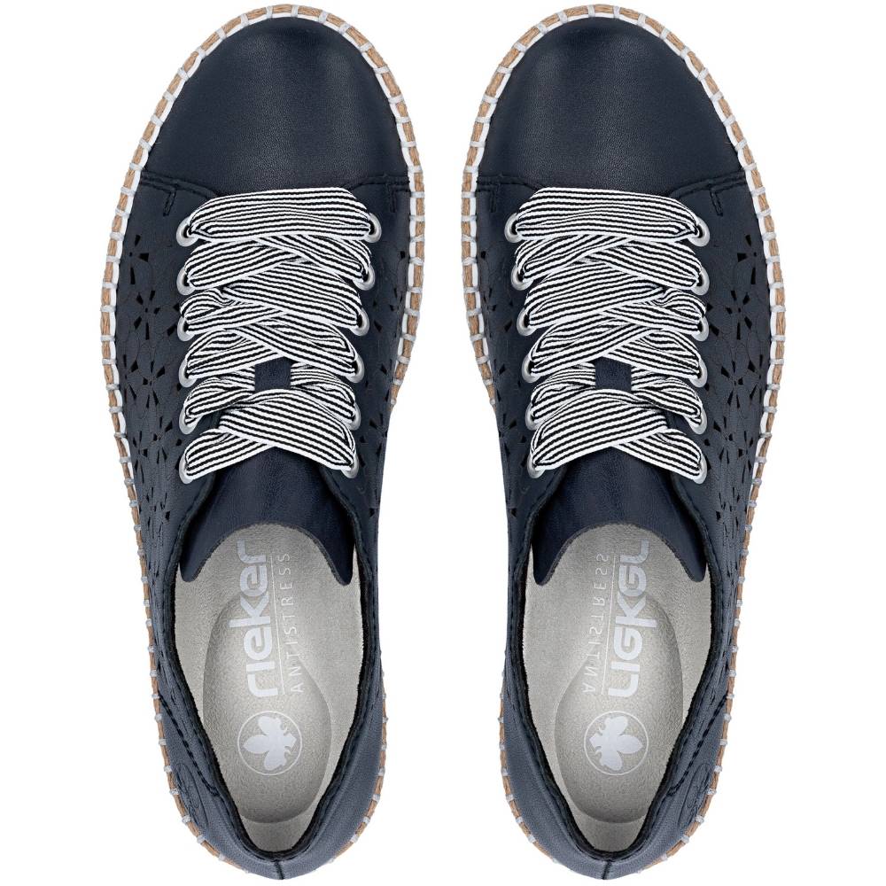 A pair of navy-blue leather slip-on sneakers with perforated details, white and navy striped laces, and a beige braided sole edge, shown from a top-down view on a white background.