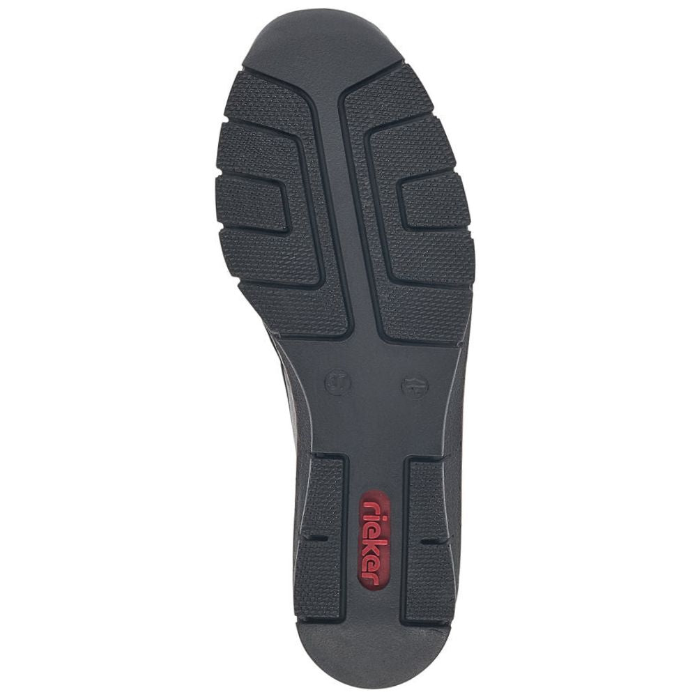 Black shoe sole with a red logo on a white background