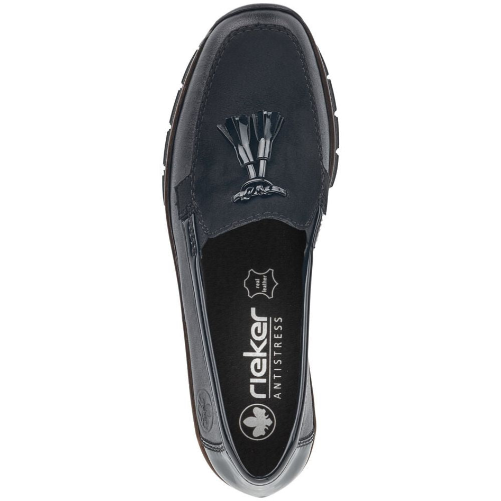 Black loafer shoe with 'Rieker' branding on a white background
