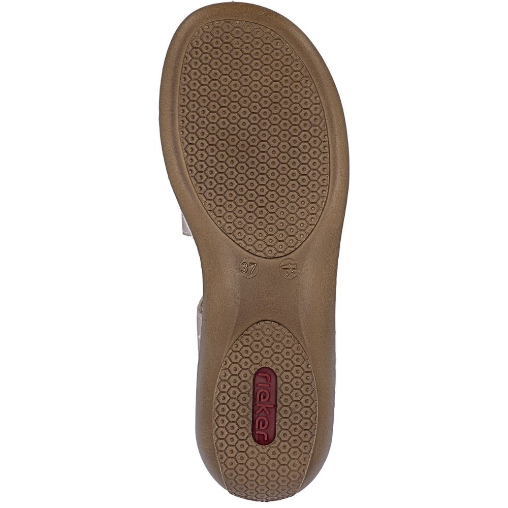 The outsole of a brown sandal, showing a honeycomb patterned tread with a red 'Rieker' logo on the heel, isolated on a white background.
