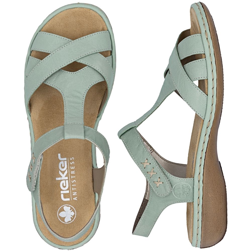 A pair of Rieker Antistress sandals in a light sage green color, shown from both top and side views against a white background.