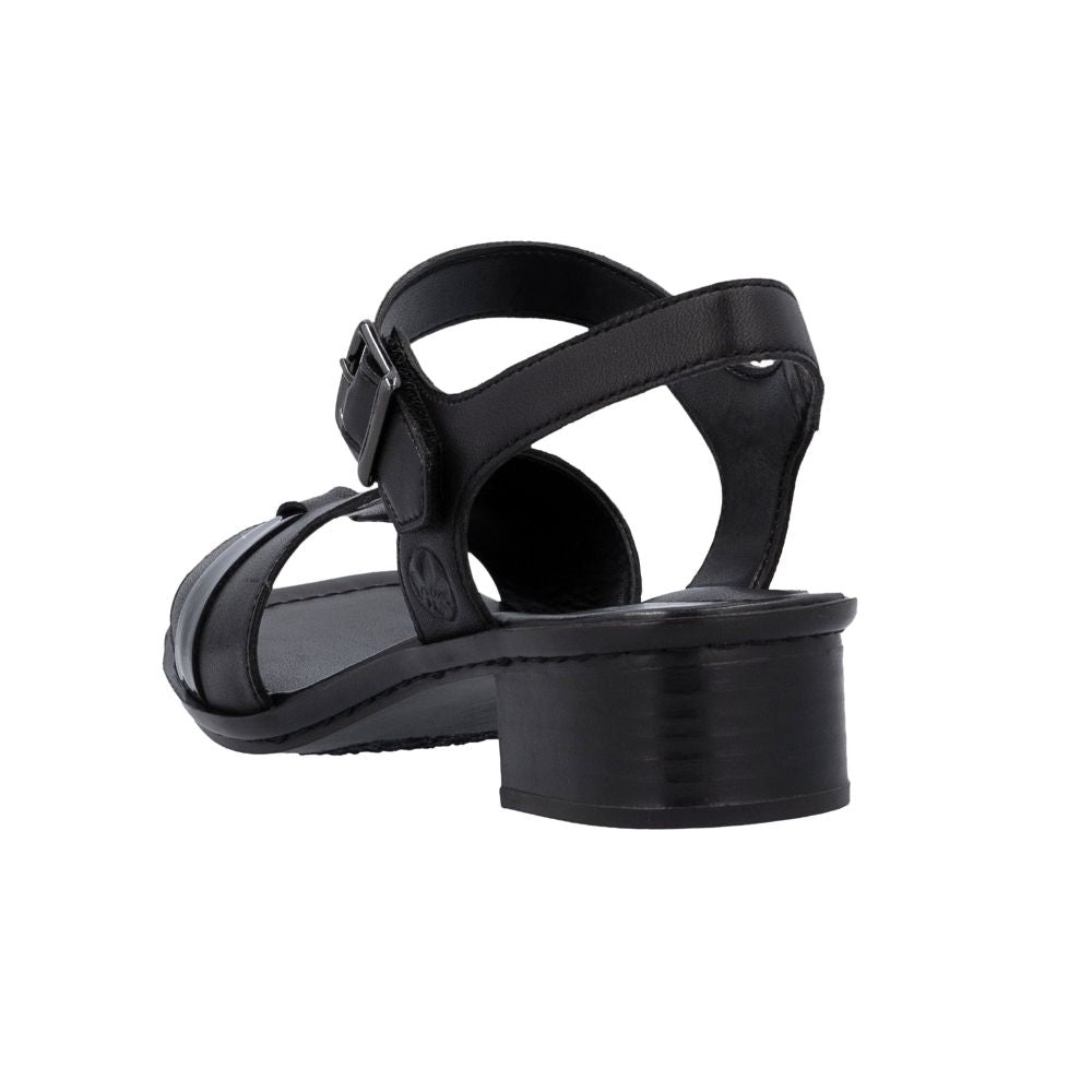 A black leather block-heel sandal with an ankle strap and a buckle detail, shown from a side-rear angle on a plain white background.