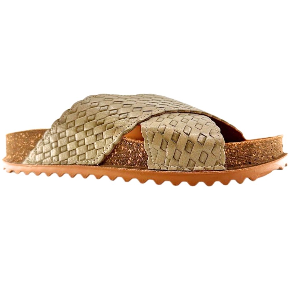 A single woven slide sandal with textured sage woven leather straps, a brown cork-look midsole, and a wavy brown outsole, shown against a plain white background.