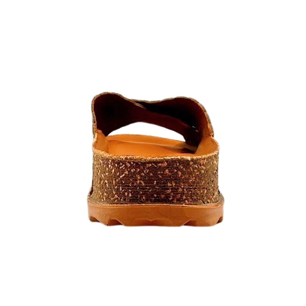The back of a women's slide sandal, with a brown cork-look midsole, and a wavy brown outsole, shown against a plain white background.