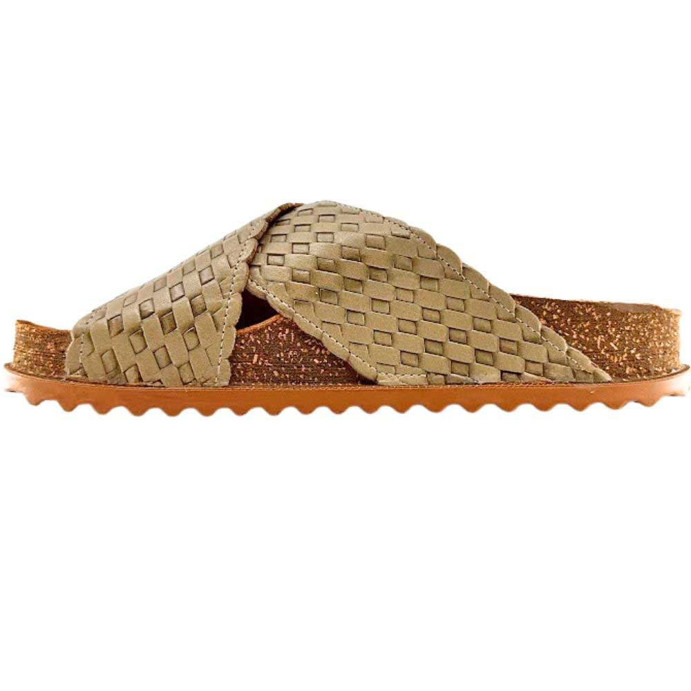A single woven slide sandal with textured sage woven leather straps, a brown cork-look midsole, and a wavy brown outsole, shown against a plain white background.