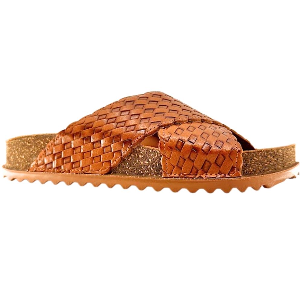A single brown woven leather slide sandal with a textured cork-look footbed and a wavy rubber sole, shown against a plain white background.