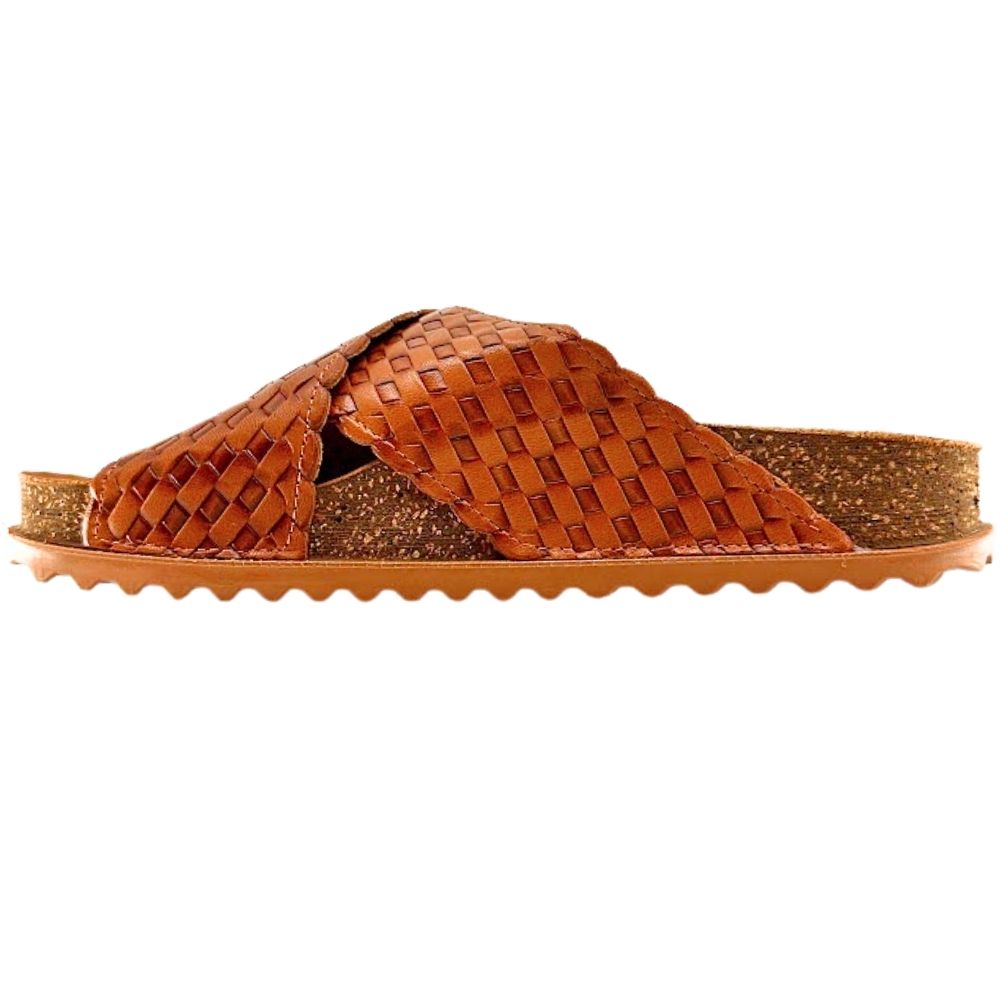 A single brown woven leather slide sandal with a textured cork-look midsole and a wavy rubber outsole, shown from the side on a white background.