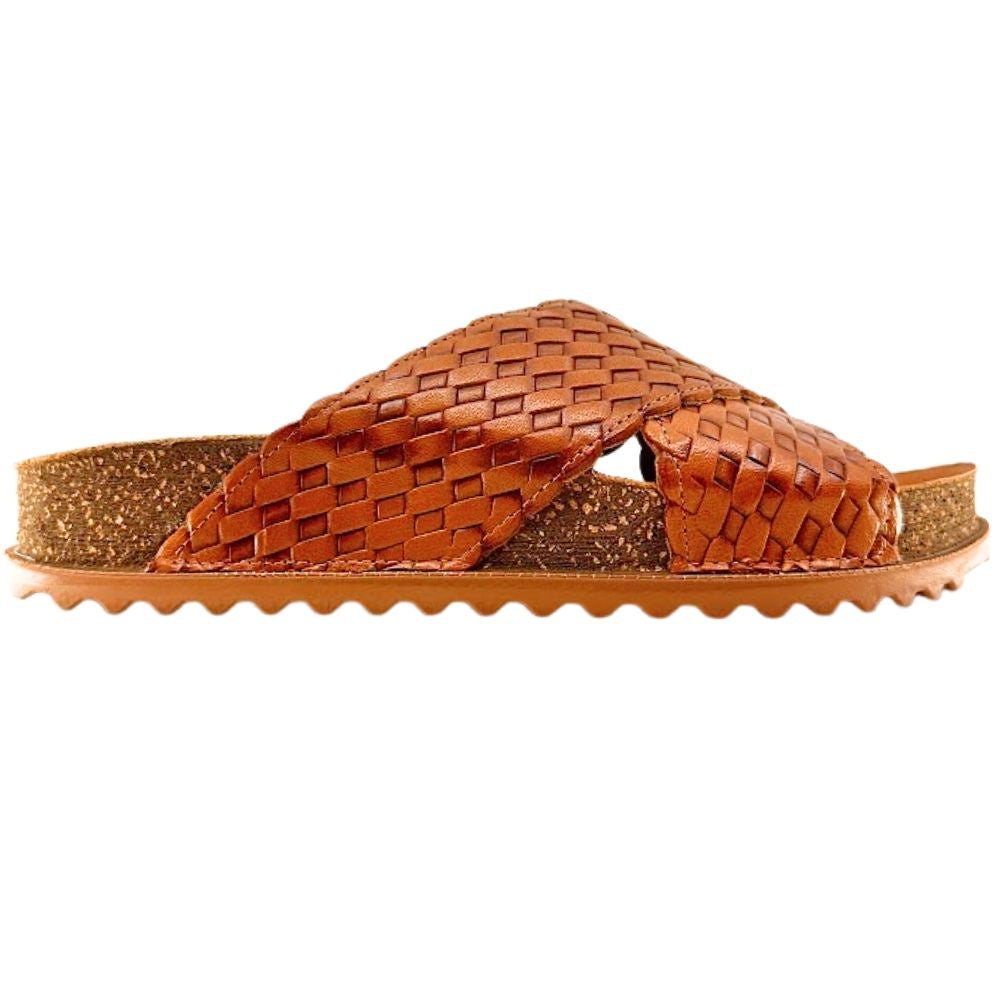 A single brown woven leather slide sandal with a textured cork-look footbed and a wavy rubber sole, shown against a plain white background.
