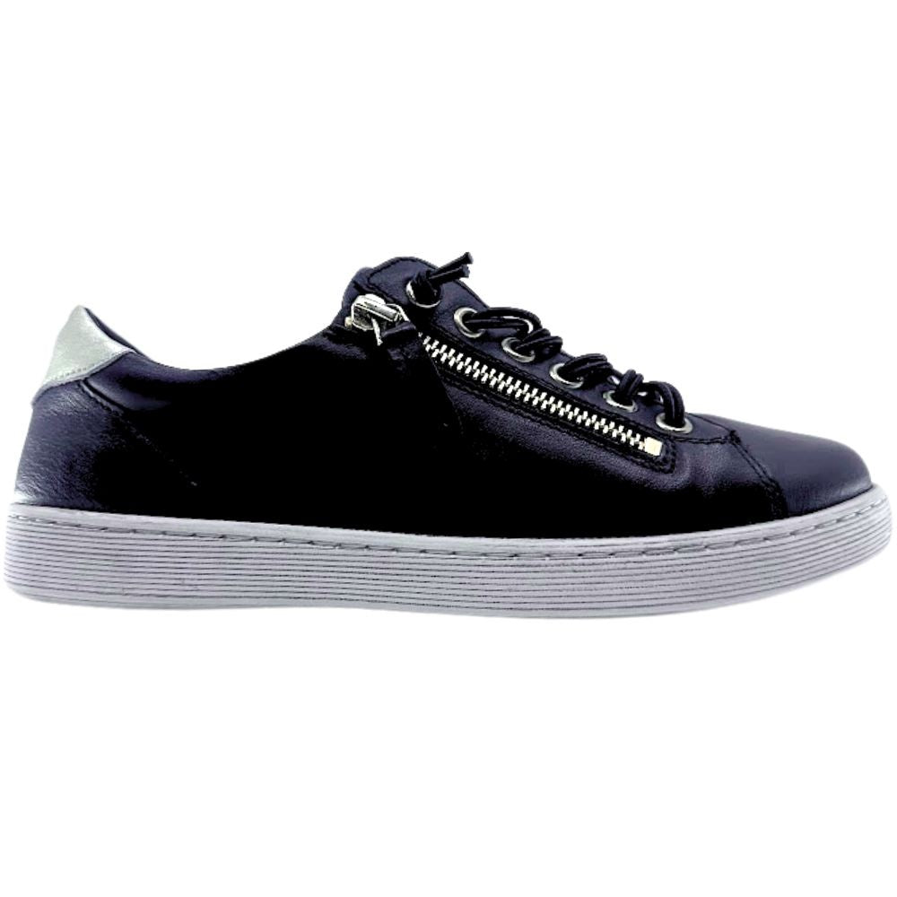 Black sneaker with a gold zipper on a white background