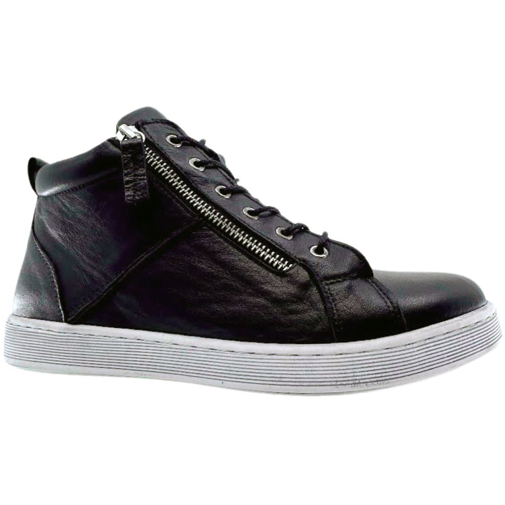 Black high-top sneaker boot with a zipper on a white background