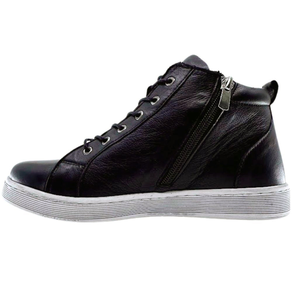 Black high-top sneaker boot with a zipper on a white background