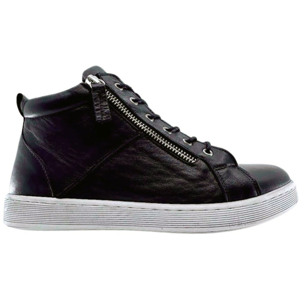 Black high-top sneaker boot with a zipper on a white background