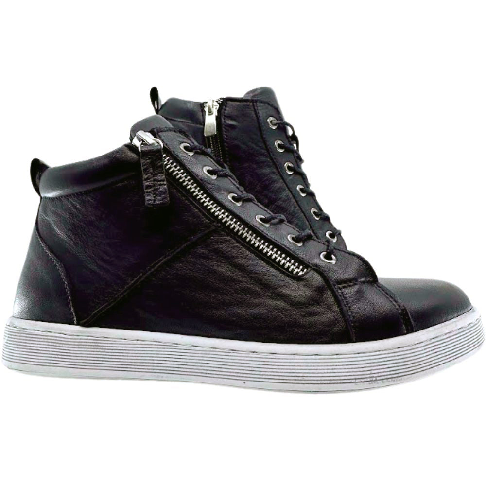 Black high-top sneaker boots with a zipper on a white background
