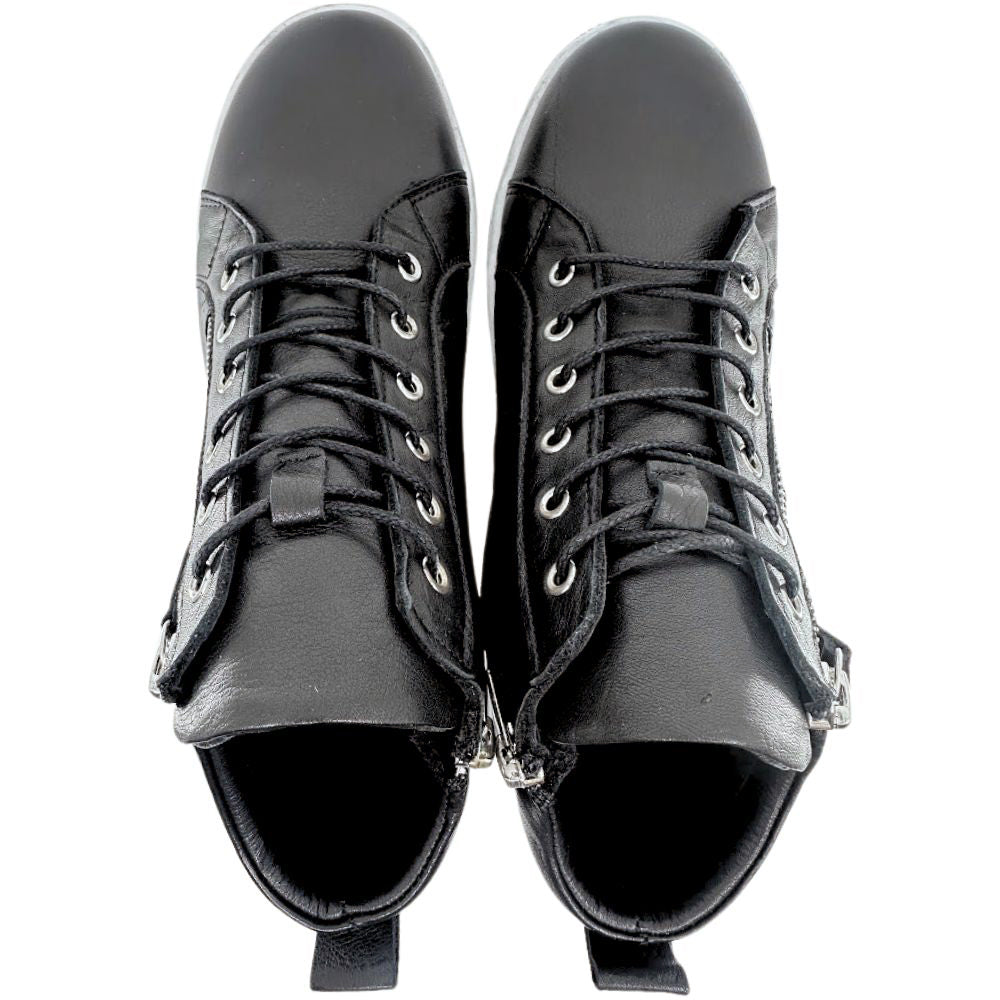 Pair of black high-top sneaker boots with zippers on a white background