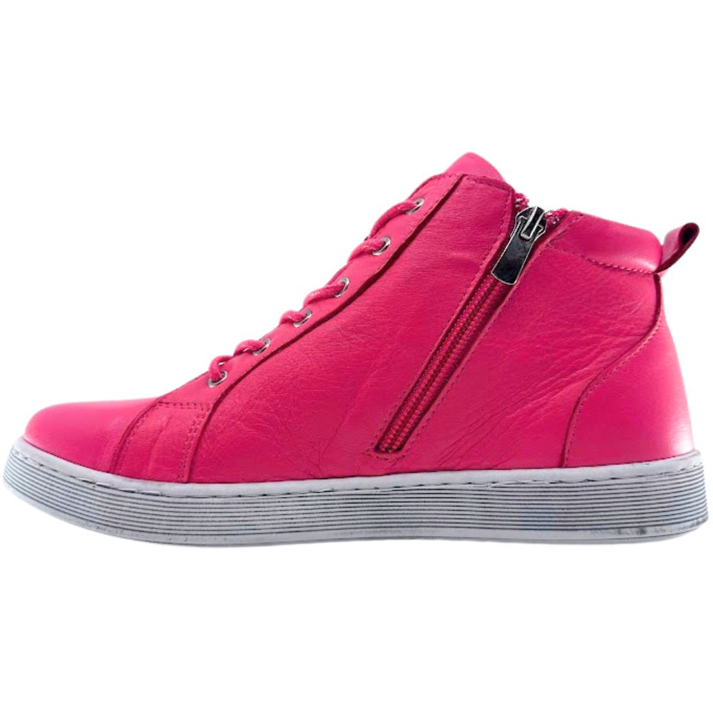 Pink high-top sneaker boot with a zipper on a white background