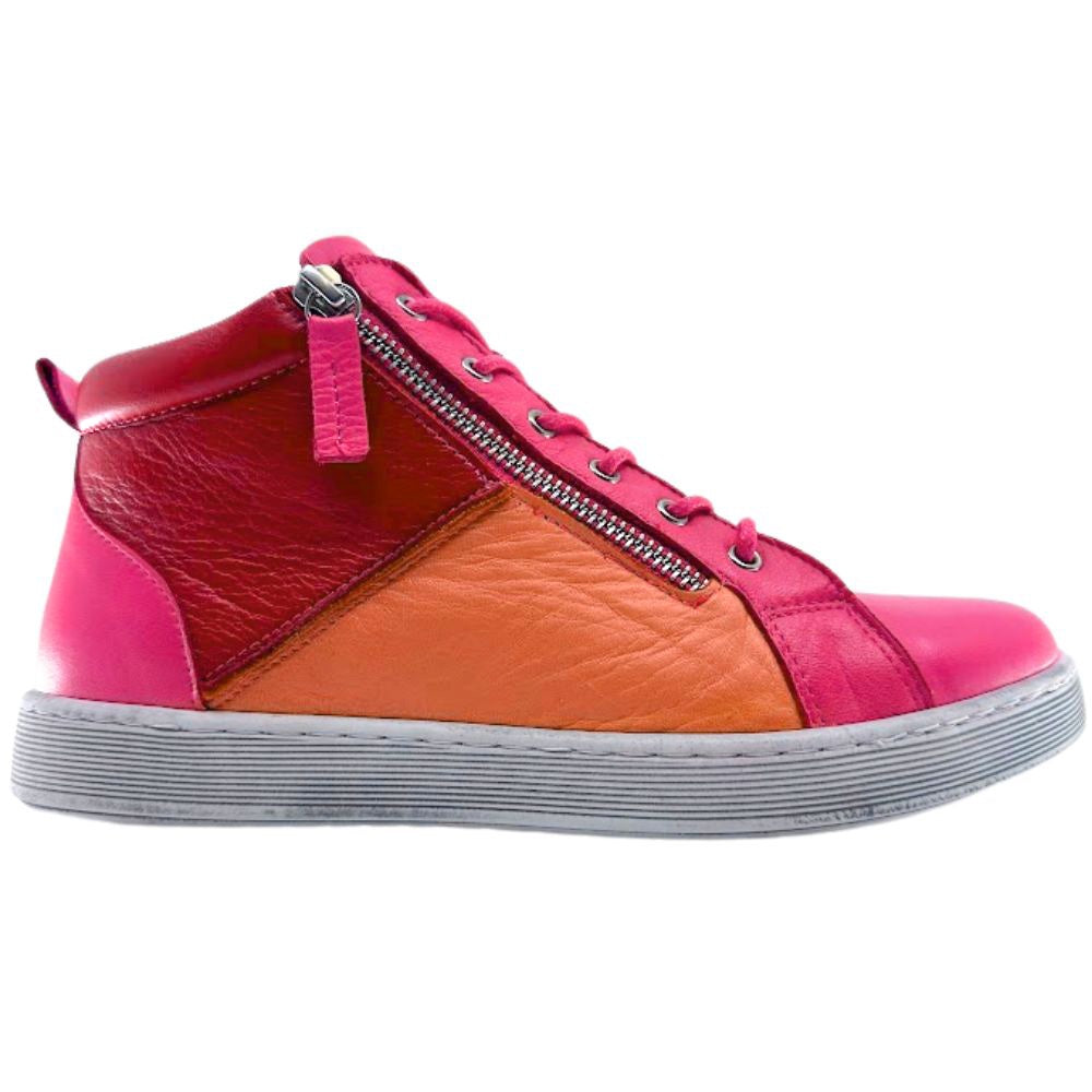 Pink, orange and red high-top sneaker boot with a zipper on a white background